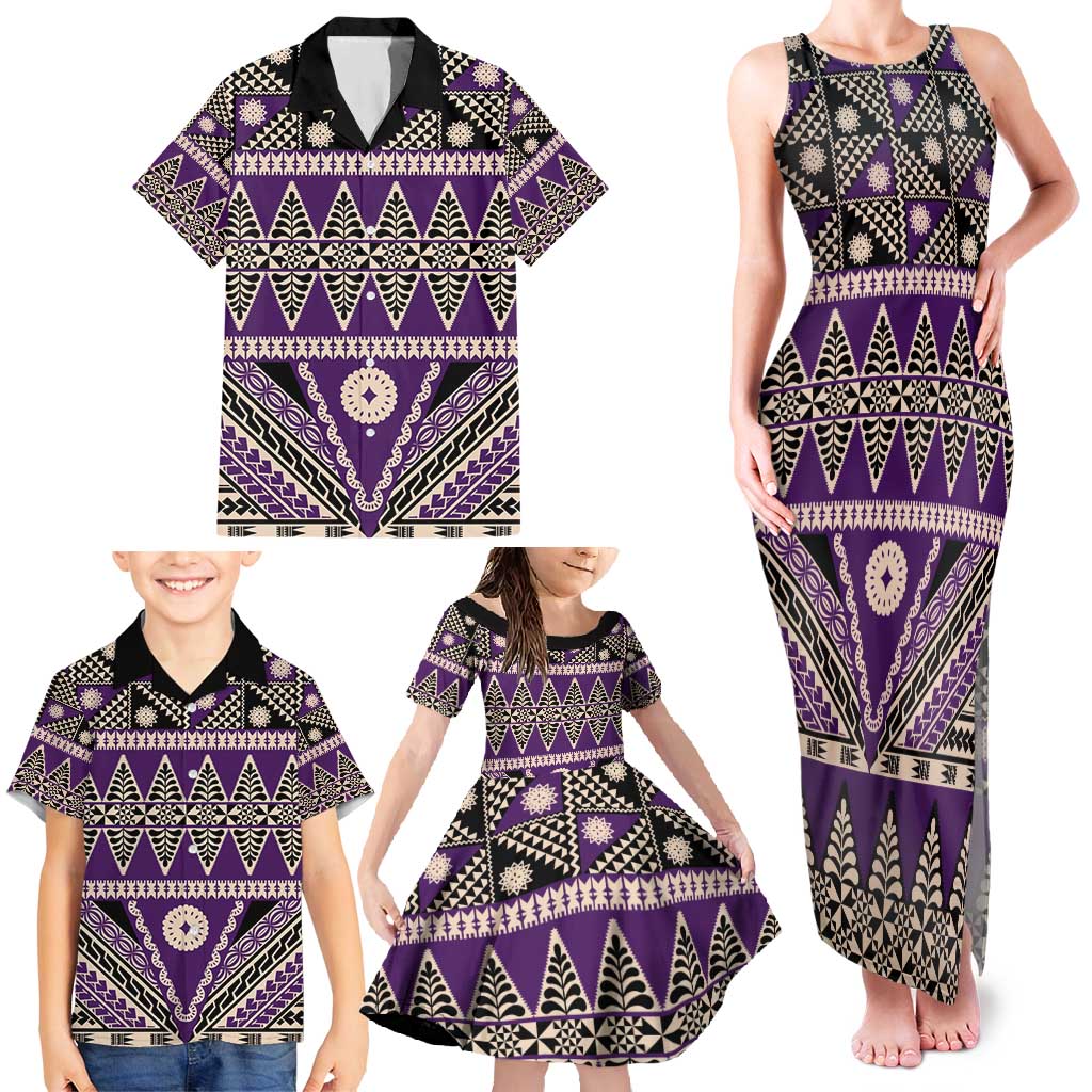 Vintage Bula Fiji Family Matching Tank Maxi Dress and Hawaiian Shirt Purple Tapa Masi Motif LT9 - Polynesian Pride