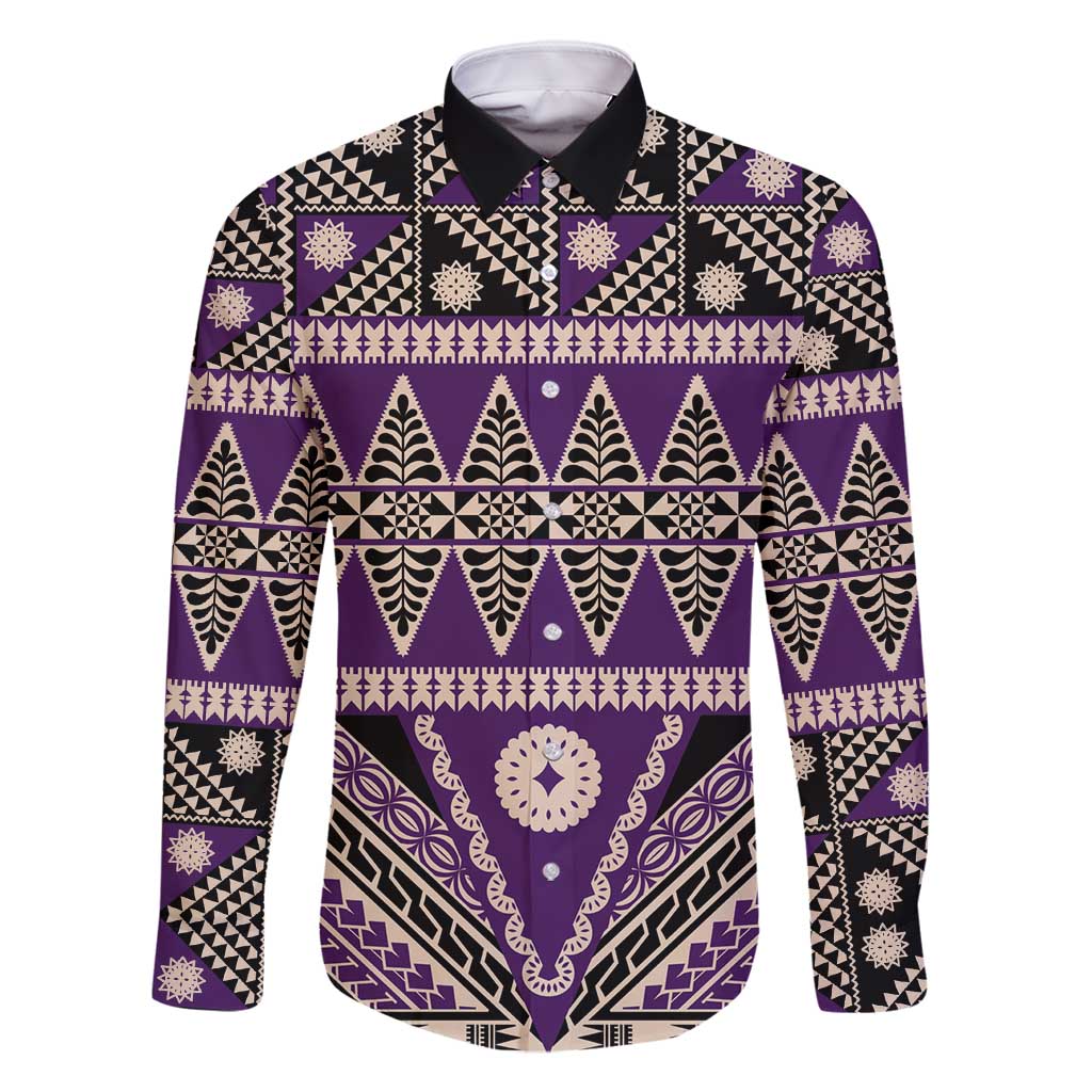 Vintage Bula Fiji Family Matching Tank Maxi Dress and Hawaiian Shirt Purple Tapa Masi Motif LT9 Dad's Shirt - Long Sleeve Purple - Polynesian Pride
