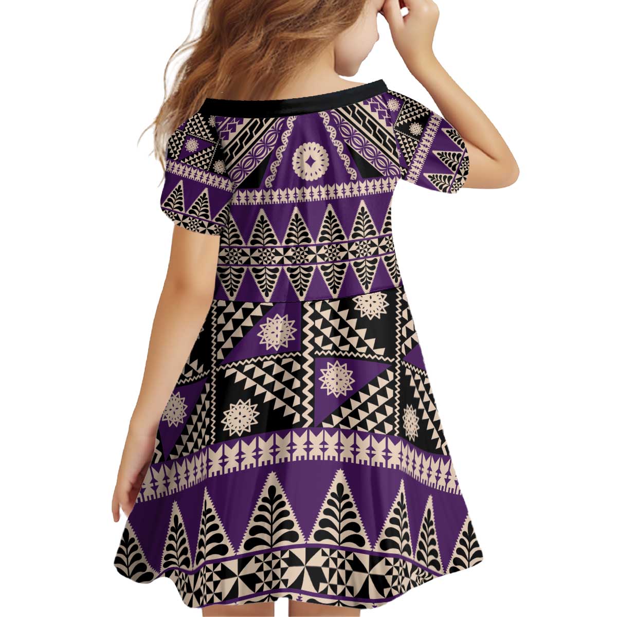 Vintage Bula Fiji Kid Short Sleeve Dress Purple Tapa Masi Motif