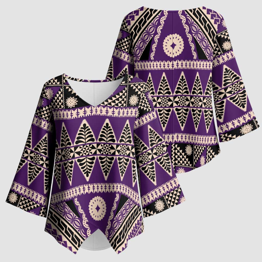 Vintage Bula Fiji Kimono Sleeve Blouse Purple Tapa Masi Motif - Polynesian Pride