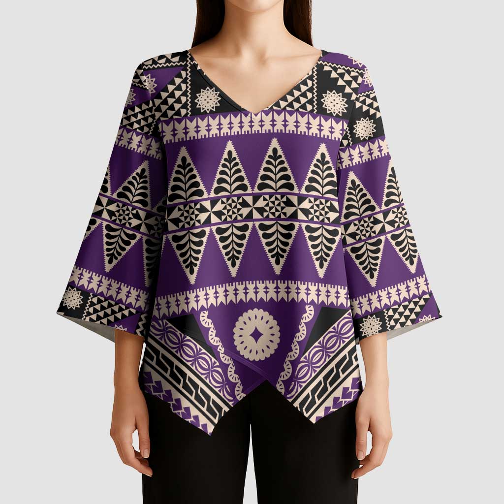 Vintage Bula Fiji Kimono Sleeve Blouse Purple Tapa Masi Motif - Polynesian Pride