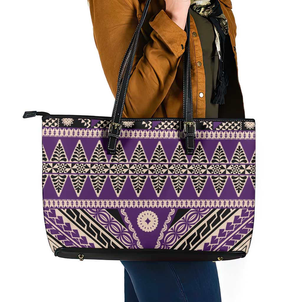 Vintage Bula Fiji Leather Tote Bag Purple Tapa Masi Motif LT9 - Polynesian Pride