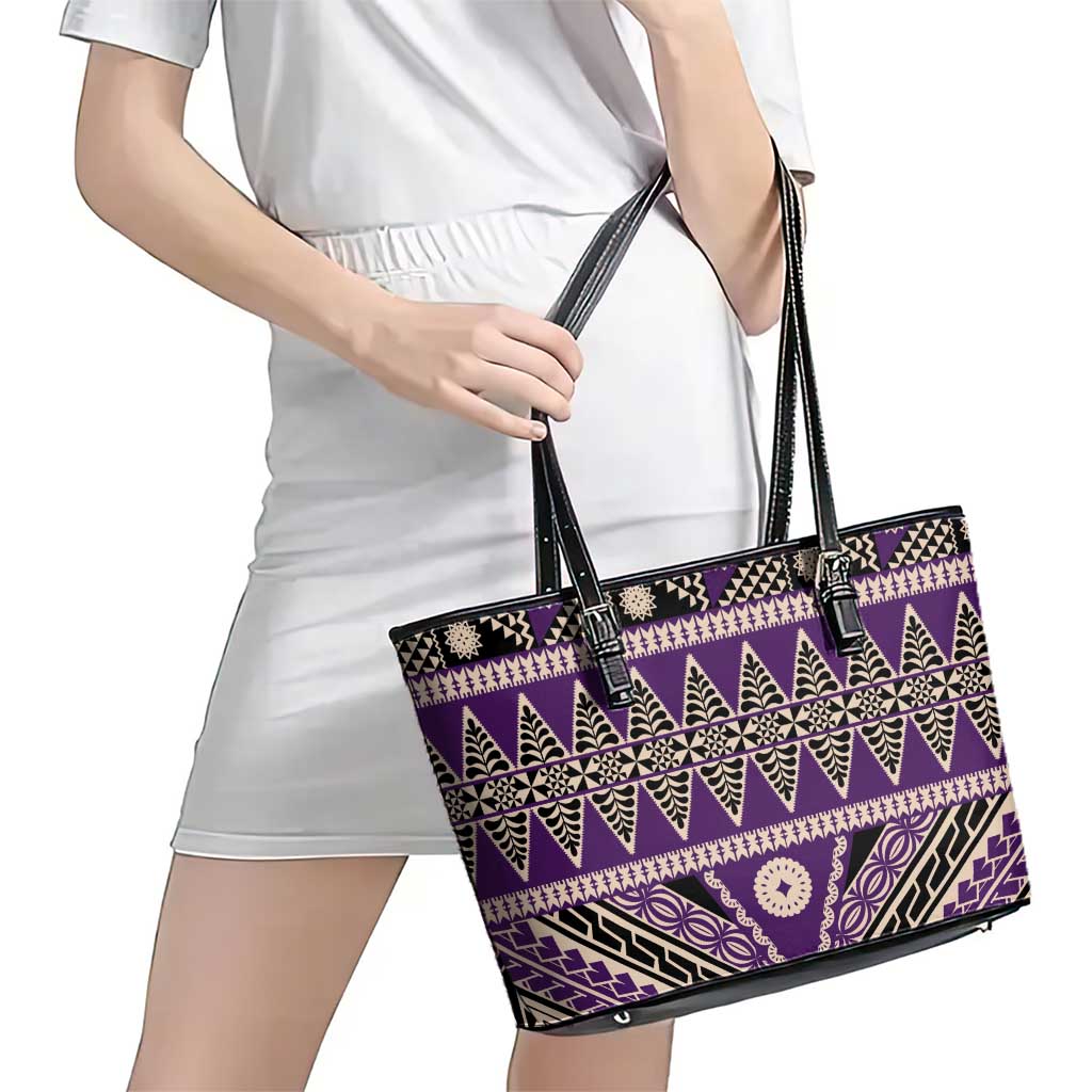 Vintage Bula Fiji Leather Tote Bag Purple Tapa Masi Motif LT9 - Polynesian Pride