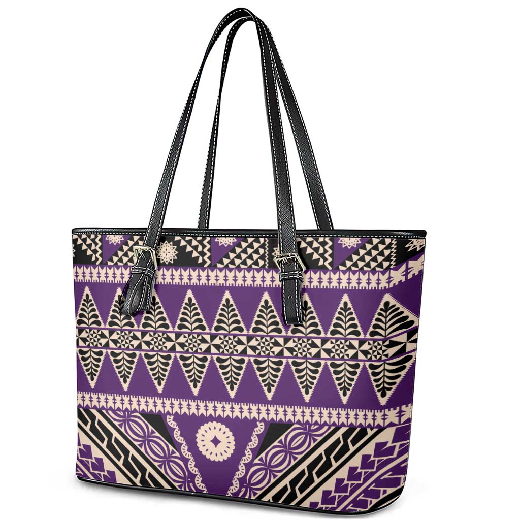 Vintage Bula Fiji Leather Tote Bag Purple Tapa Masi Motif LT9 - Polynesian Pride