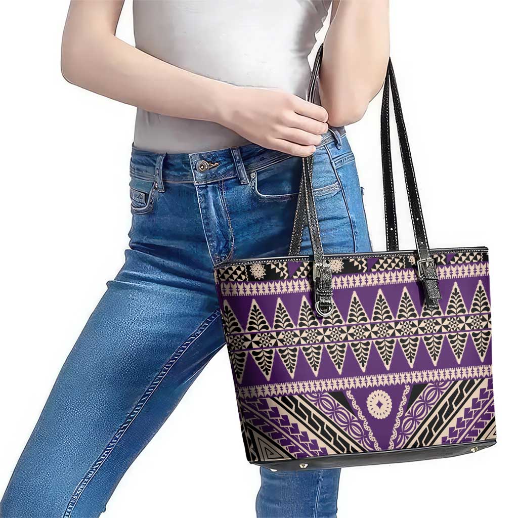 Vintage Bula Fiji Leather Tote Bag Purple Tapa Masi Motif LT9 - Polynesian Pride