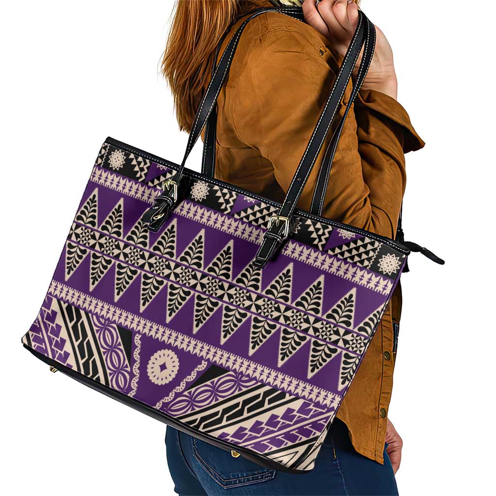 Vintage Bula Fiji Leather Tote Bag Purple Tapa Masi Motif LT9 - Polynesian Pride