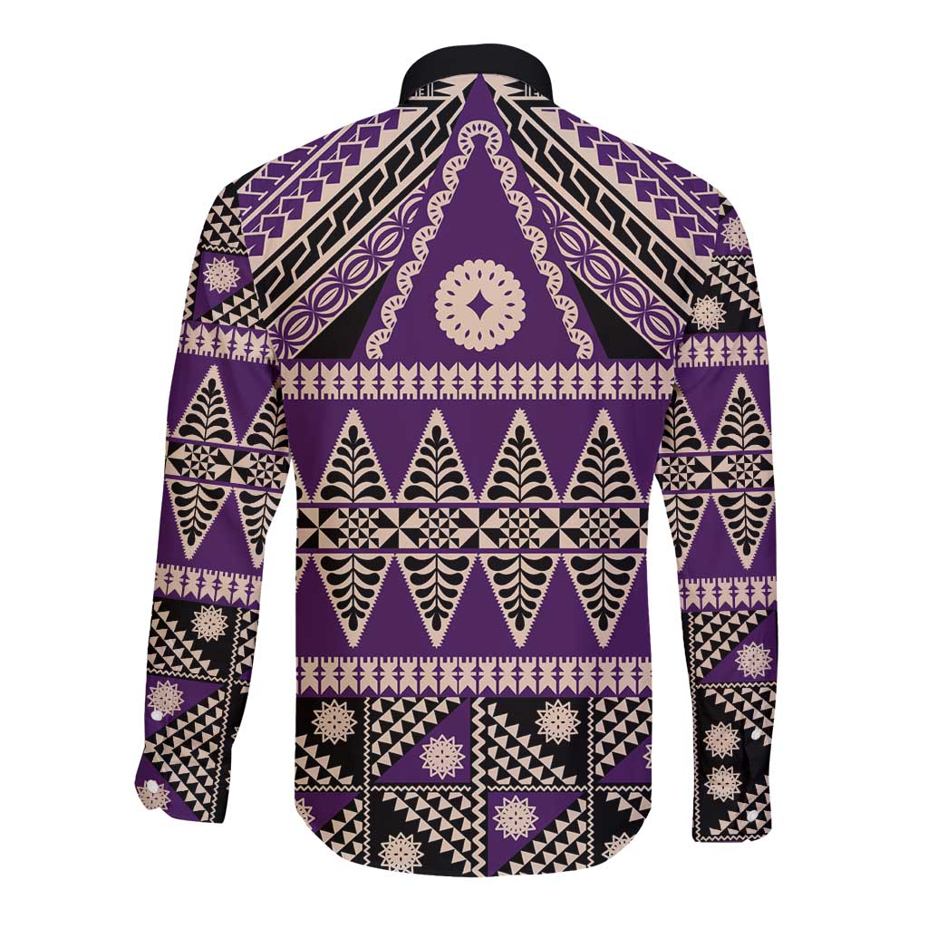 Vintage Bula Fiji Long Sleeve Button Shirt Purple Tapa Masi Motif