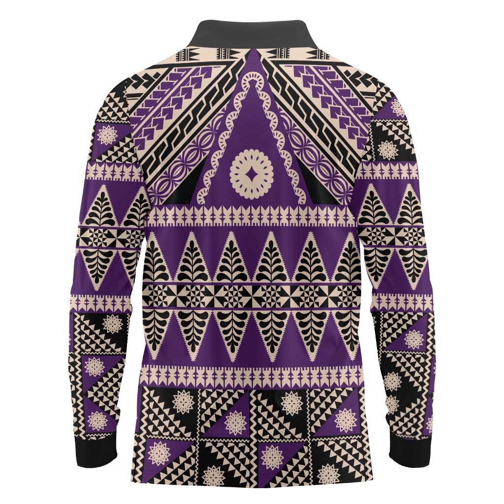 Vintage Bula Fiji Long Sleeve Polo Shirt Purple Tapa Masi Motif