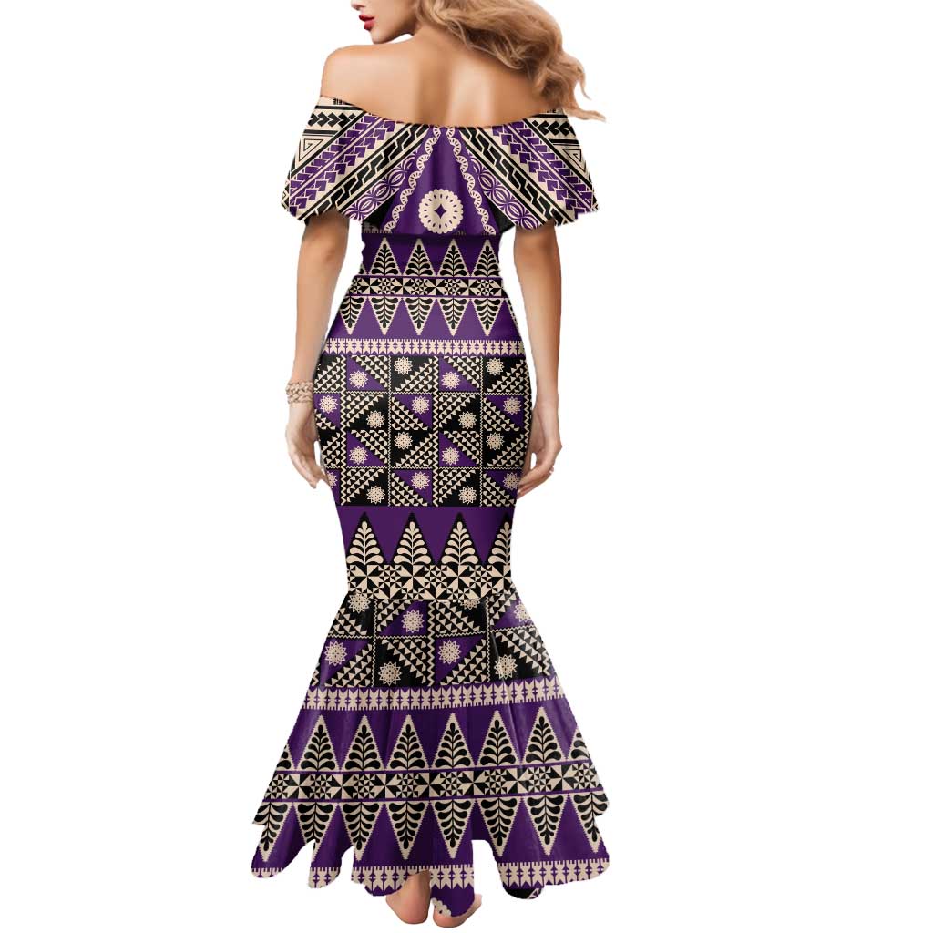 Vintage Bula Fiji Mermaid Dress Purple Tapa Masi Motif