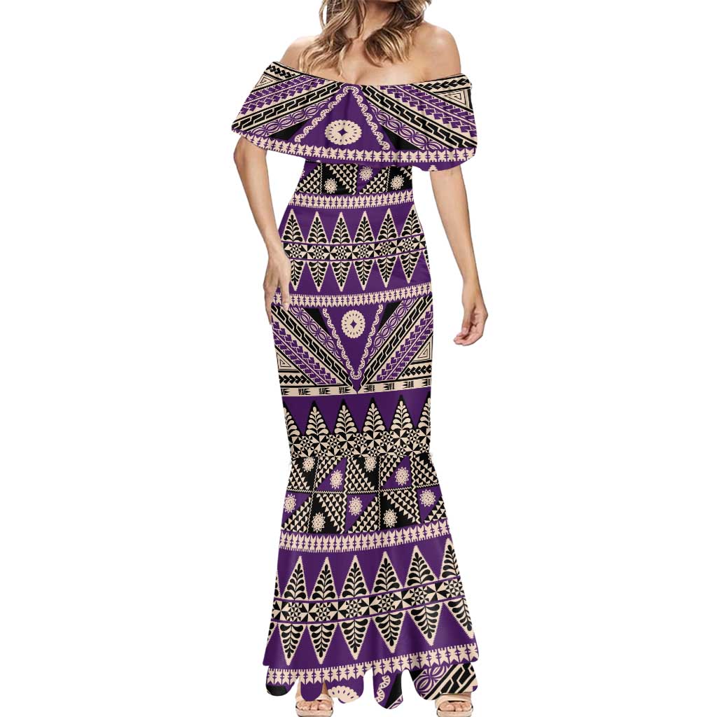 Vintage Bula Fiji Mermaid Dress Purple Tapa Masi Motif