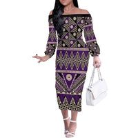 Vintage Bula Fiji Off The Shoulder Long Sleeve Dress Purple Tapa Masi Motif