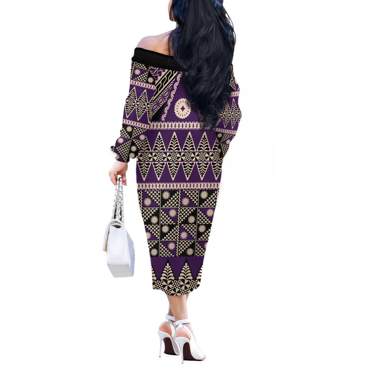 Vintage Bula Fiji Off The Shoulder Long Sleeve Dress Purple Tapa Masi Motif