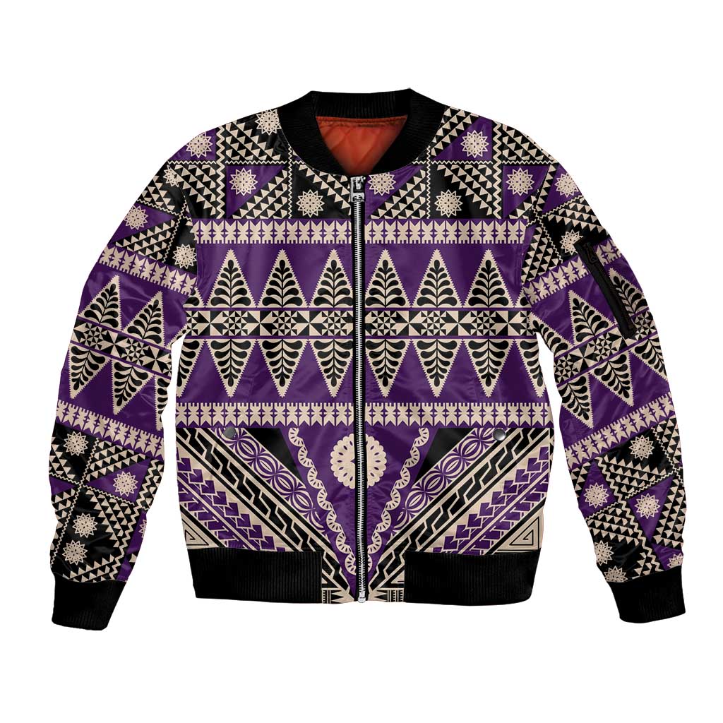 Vintage Bula Fiji Sleeve Zip Bomber Jacket Purple Tapa Masi Motif LT9 Unisex Purple - Polynesian Pride