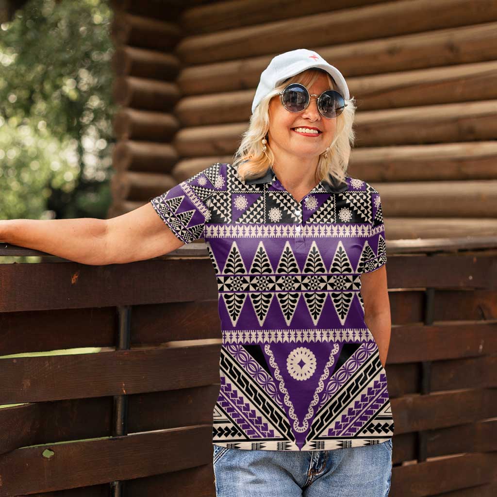 Vintage Bula Fiji Women Polo Shirt Purple Tapa Masi Motif