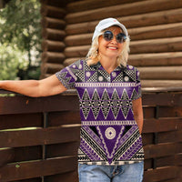 Vintage Bula Fiji Women Polo Shirt Purple Tapa Masi Motif