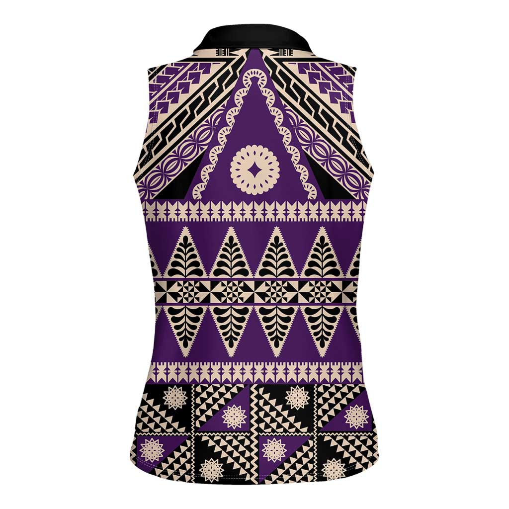Vintage Bula Fiji Women Sleeveless Polo Shirt Purple Tapa Masi Motif