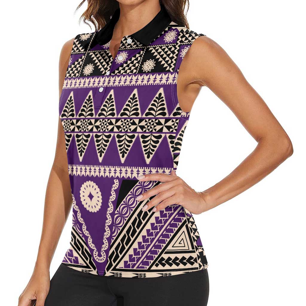 Vintage Bula Fiji Women Sleeveless Polo Shirt Purple Tapa Masi Motif