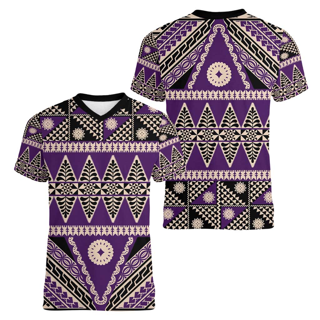 Vintage Bula Fiji Women V-Neck T-Shirt Purple Tapa Masi Motif