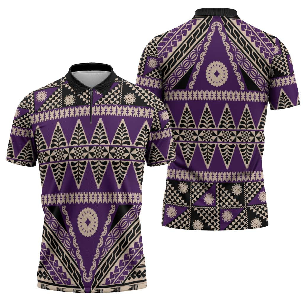 Vintage Bula Fiji Zipper Polo Shirt Purple Tapa Masi Motif - Polynesian Pride