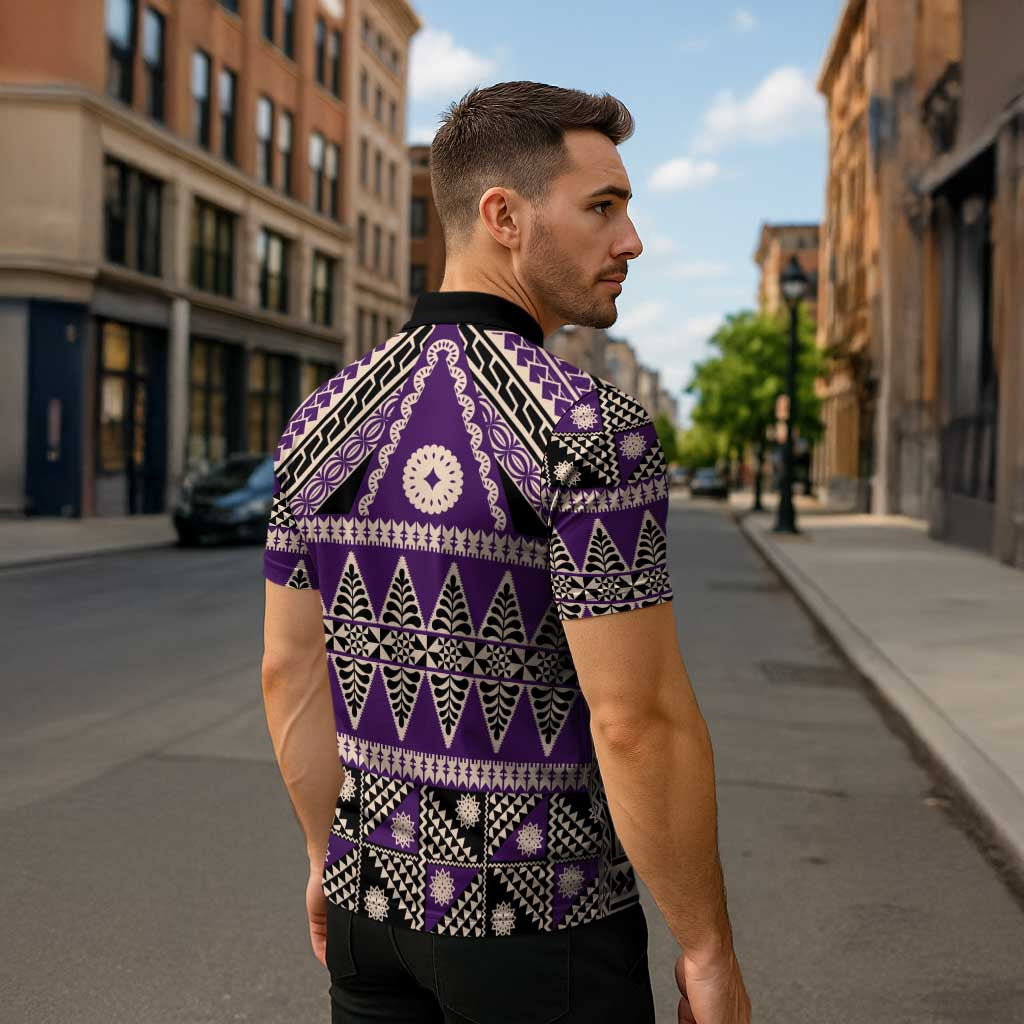 Vintage Bula Fiji Zipper Polo Shirt Purple Tapa Masi Motif - Polynesian Pride