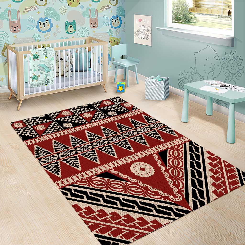 Vintage Bula Fiji Area Rug Red Tapa Masi Motif