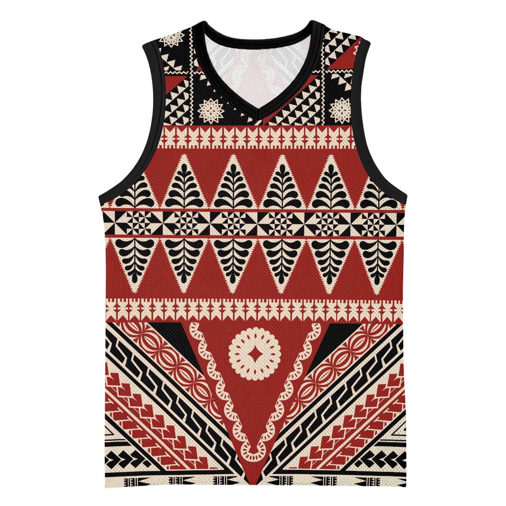 Vintage Bula Fiji Basketball Jersey Red Tapa Masi Motif - Polynesian Pride