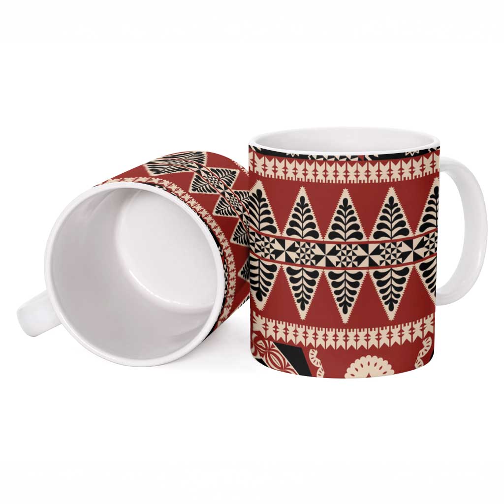 Vintage Bula Fiji Ceramic Mug Red Tapa Masi Motif - Polynesian Pride