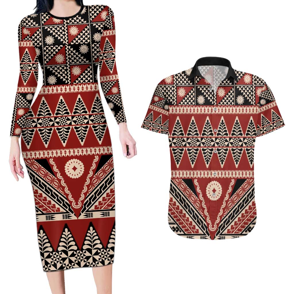 Vintage Bula Fiji Couples Matching Long Sleeve Bodycon Dress and Hawaiian Shirt Red Tapa Masi Motif LT9 Red - Polynesian Pride