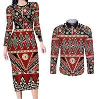 Vintage Bula Fiji Couples Matching Long Sleeve Bodycon Dress and Long Sleeve Button Shirt Red Tapa Masi Motif LT9 Red - Polynesian Pride