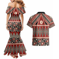 Vintage Bula Fiji Couples Matching Mermaid Dress and Hawaiian Shirt Red Tapa Masi Motif LT9 - Polynesian Pride