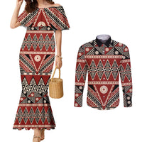 Vintage Bula Fiji Couples Matching Mermaid Dress and Long Sleeve Button Shirt Red Tapa Masi Motif