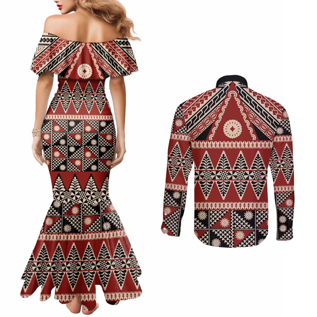 Vintage Bula Fiji Couples Matching Mermaid Dress and Long Sleeve Button Shirt Red Tapa Masi Motif