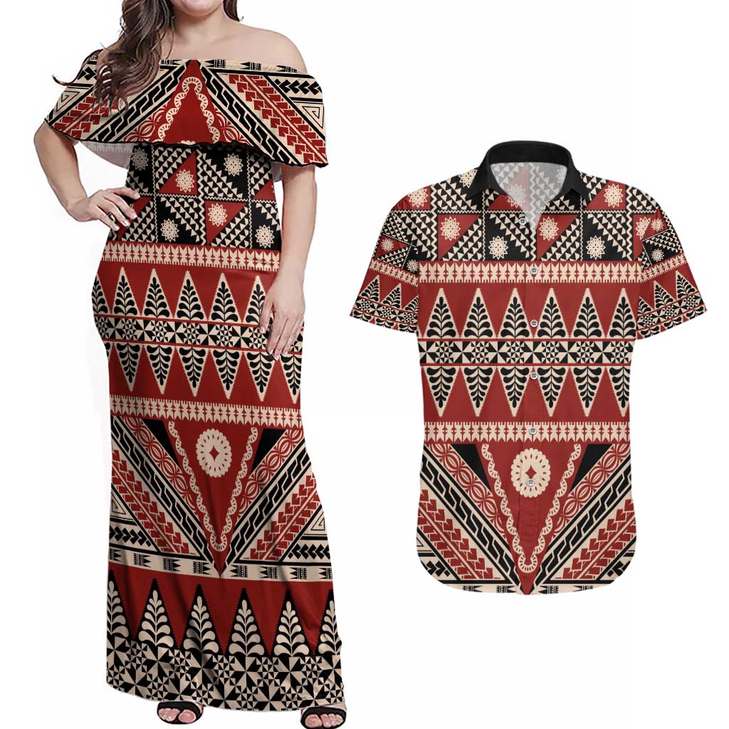 Vintage Bula Fiji Couples Matching Off Shoulder Maxi Dress and Hawaiian Shirt Red Tapa Masi Motif