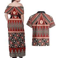 Vintage Bula Fiji Couples Matching Off Shoulder Maxi Dress and Hawaiian Shirt Red Tapa Masi Motif