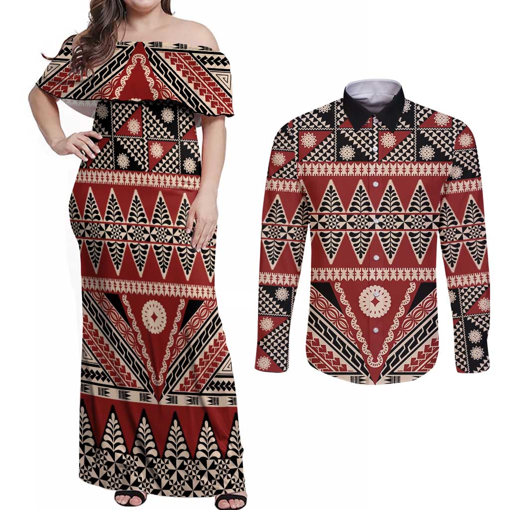 Vintage Bula Fiji Couples Matching Off Shoulder Maxi Dress and Long Sleeve Button Shirt Red Tapa Masi Motif