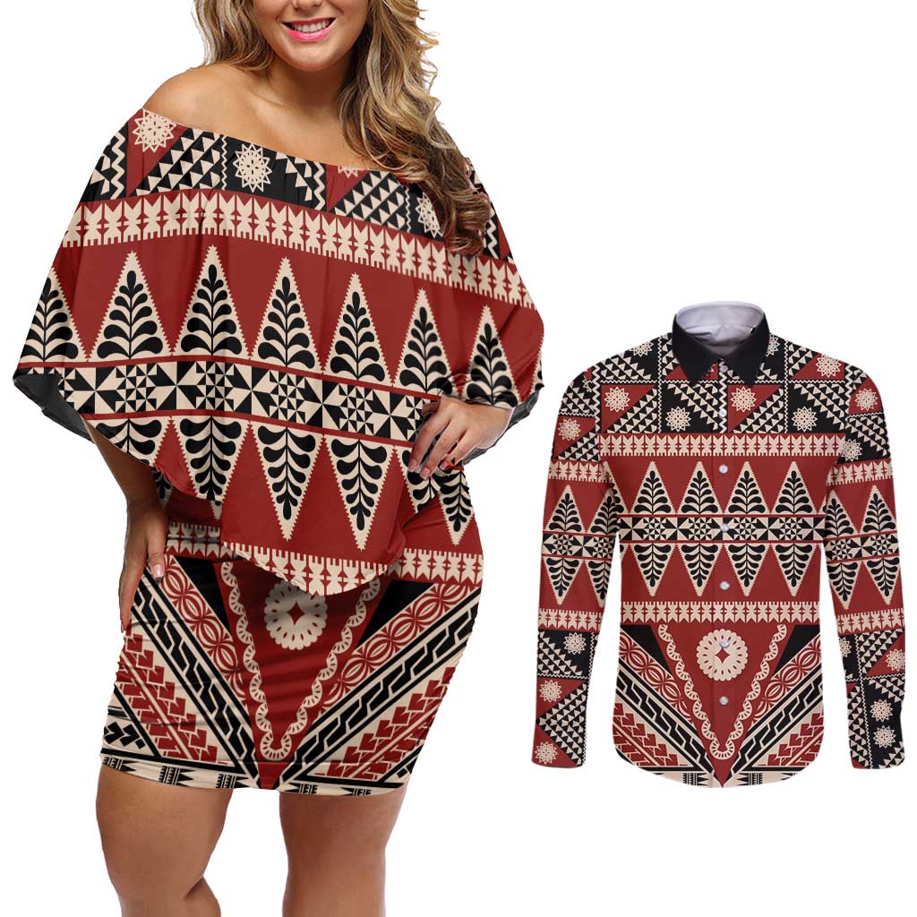 Vintage Bula Fiji Couples Matching Off Shoulder Short Dress and Long Sleeve Button Shirt Red Tapa Masi Motif