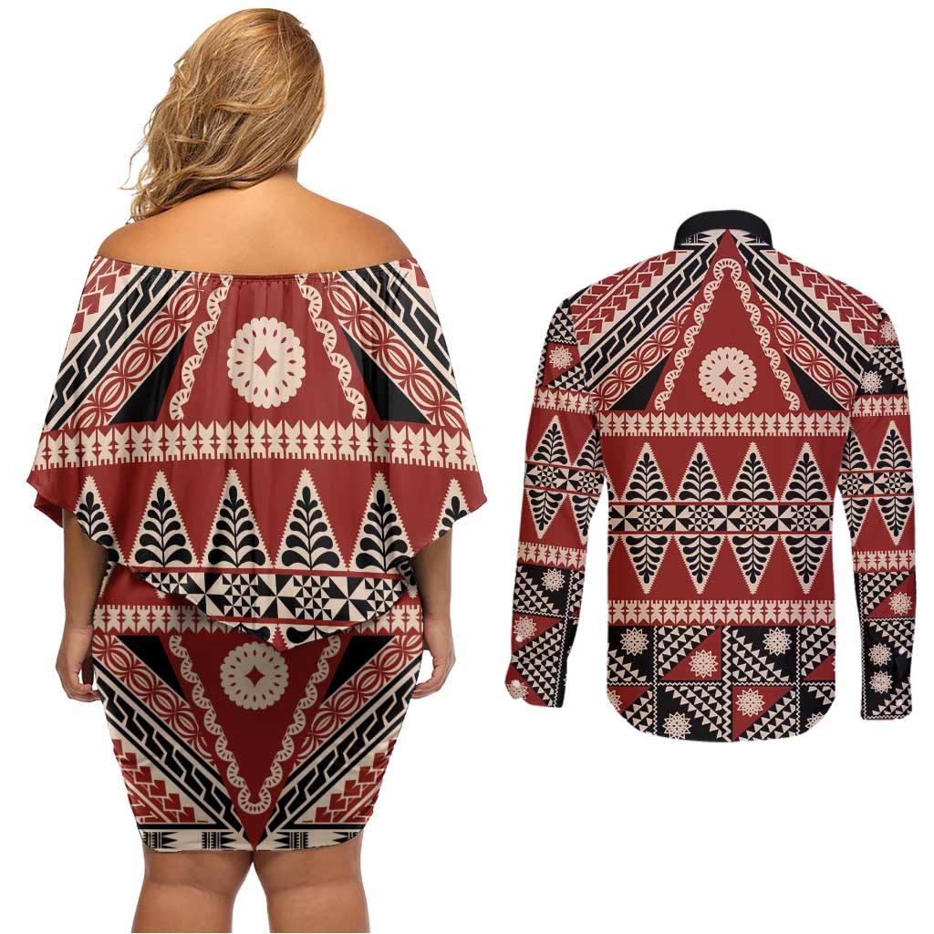 Vintage Bula Fiji Couples Matching Off Shoulder Short Dress and Long Sleeve Button Shirt Red Tapa Masi Motif