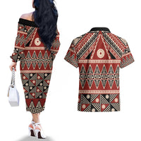 Vintage Bula Fiji Couples Matching Off The Shoulder Long Sleeve Dress and Hawaiian Shirt Red Tapa Masi Motif LT9 - Polynesian Pride