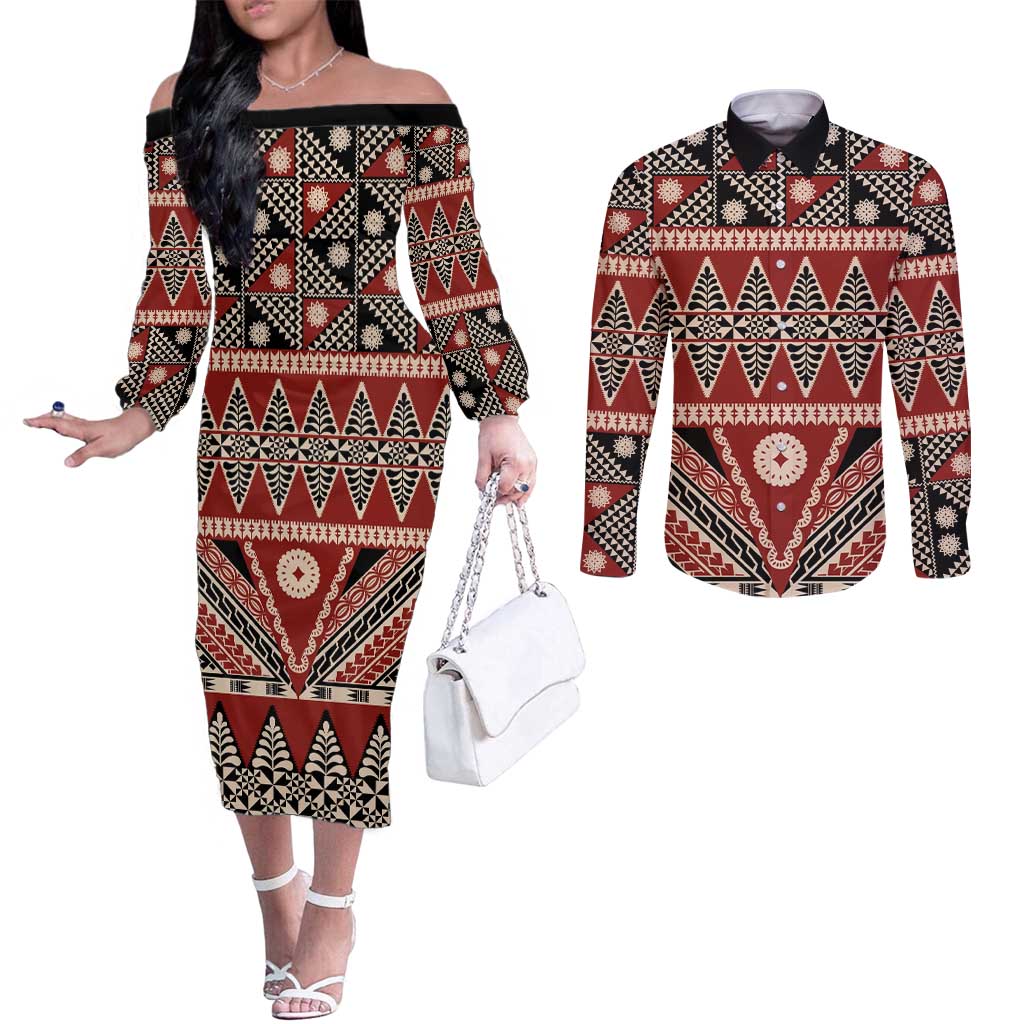 Vintage Bula Fiji Couples Matching Off The Shoulder Long Sleeve Dress and Long Sleeve Button Shirt Red Tapa Masi Motif LT9 Red - Polynesian Pride