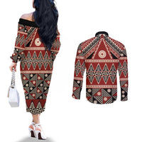 Vintage Bula Fiji Couples Matching Off The Shoulder Long Sleeve Dress and Long Sleeve Button Shirt Red Tapa Masi Motif LT9 - Polynesian Pride