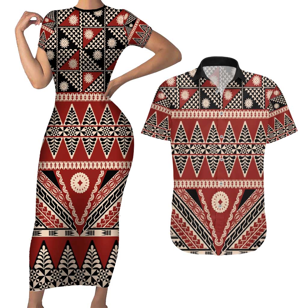 Vintage Bula Fiji Couples Matching Short Sleeve Bodycon Dress and Hawaiian Shirt Red Tapa Masi Motif LT9 Red - Polynesian Pride