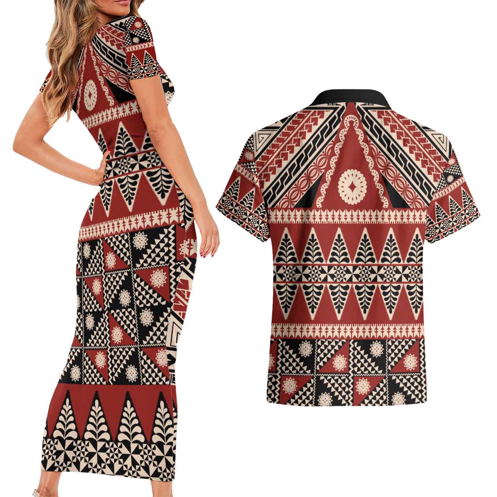 Vintage Bula Fiji Couples Matching Short Sleeve Bodycon Dress and Hawaiian Shirt Red Tapa Masi Motif LT9 - Polynesian Pride
