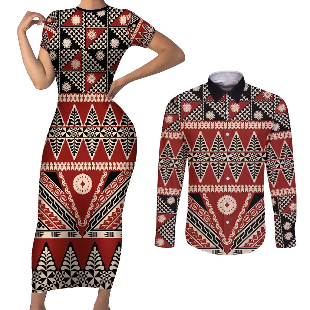 Vintage Bula Fiji Couples Matching Short Sleeve Bodycon Dress and Long Sleeve Button Shirt Red Tapa Masi Motif LT9 Red - Polynesian Pride