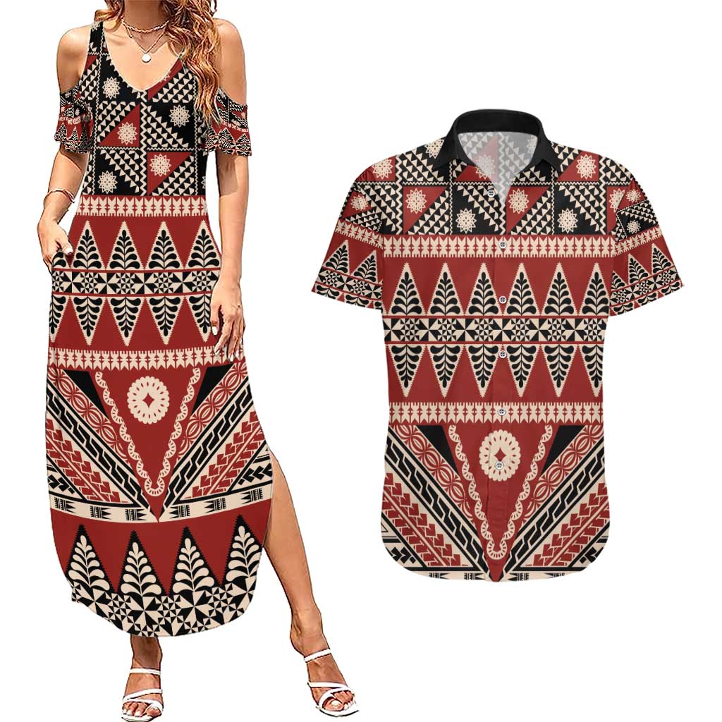 Vintage Bula Fiji Couples Matching Summer Maxi Dress and Hawaiian Shirt Red Tapa Masi Motif