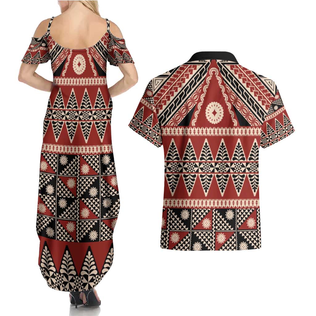 Vintage Bula Fiji Couples Matching Summer Maxi Dress and Hawaiian Shirt Red Tapa Masi Motif