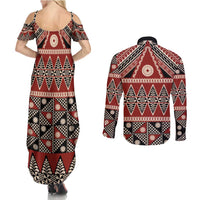Vintage Bula Fiji Couples Matching Summer Maxi Dress and Long Sleeve Button Shirt Red Tapa Masi Motif
