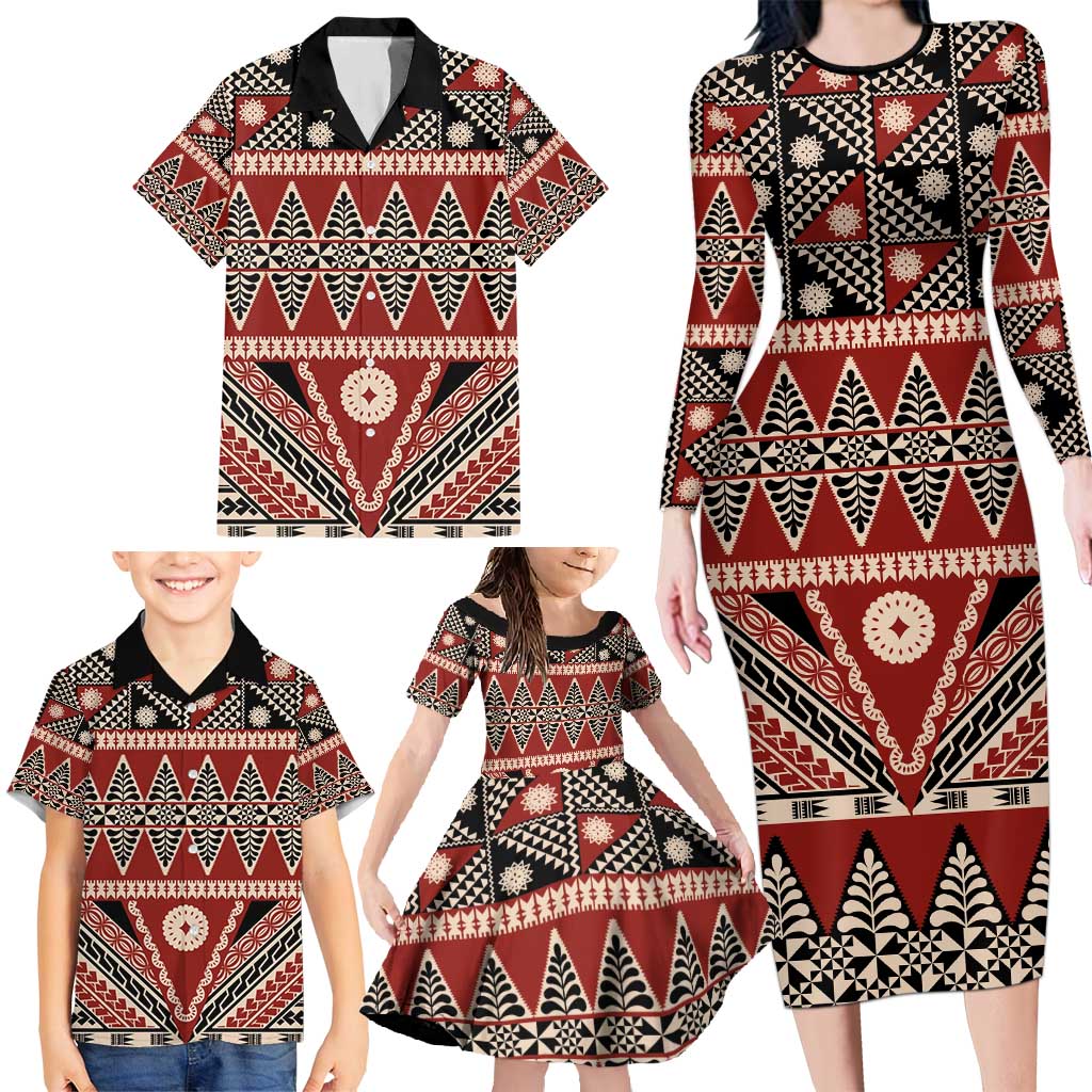 Vintage Bula Fiji Family Matching Long Sleeve Bodycon Dress and Hawaiian Shirt Red Tapa Masi Motif LT9 - Polynesian Pride