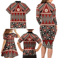 Vintage Bula Fiji Family Matching Long Sleeve Bodycon Dress and Hawaiian Shirt Red Tapa Masi Motif LT9 - Polynesian Pride