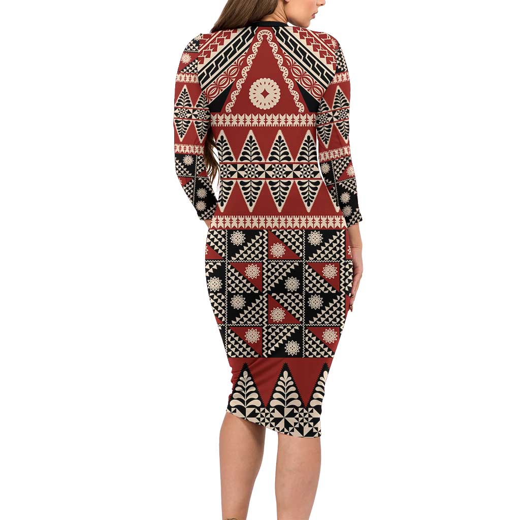Vintage Bula Fiji Family Matching Long Sleeve Bodycon Dress and Hawaiian Shirt Red Tapa Masi Motif LT9 - Polynesian Pride