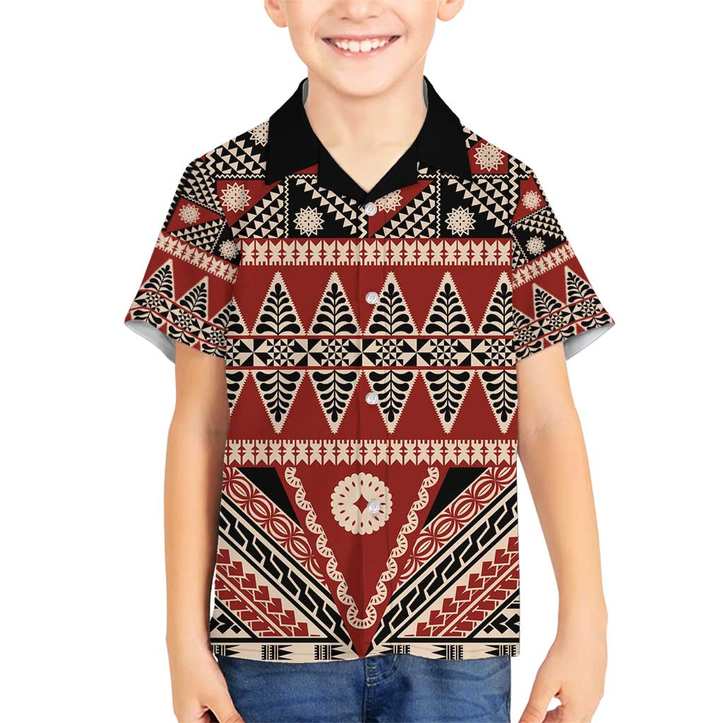 Vintage Bula Fiji Family Matching Long Sleeve Bodycon Dress and Hawaiian Shirt Red Tapa Masi Motif LT9 Son's Shirt Red - Polynesian Pride